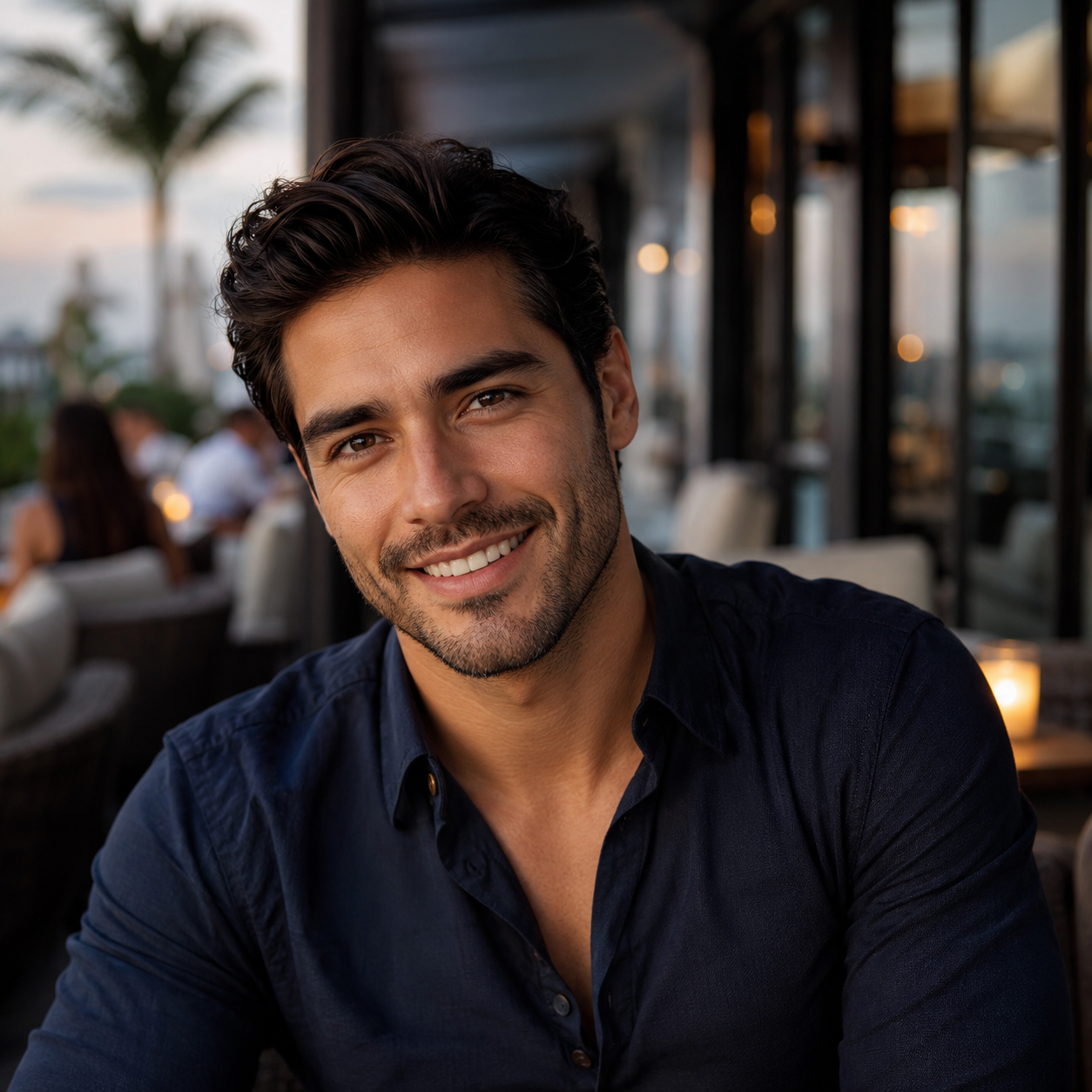 Smiling man seated at a café