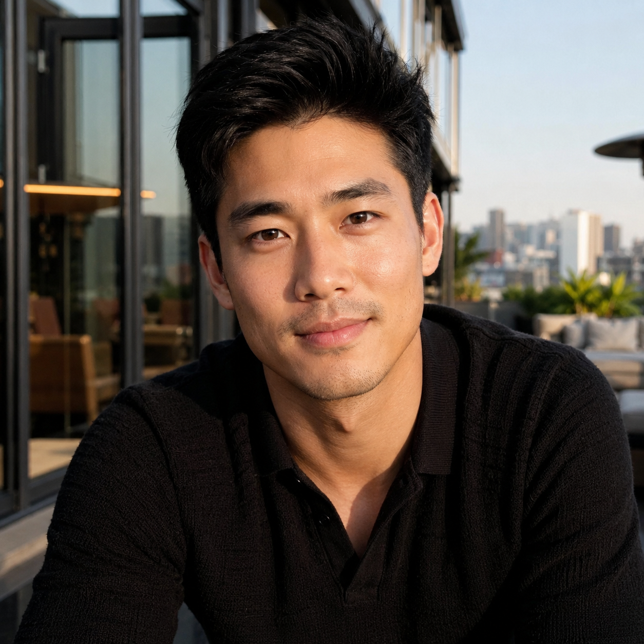 Smiling man on a city terrace