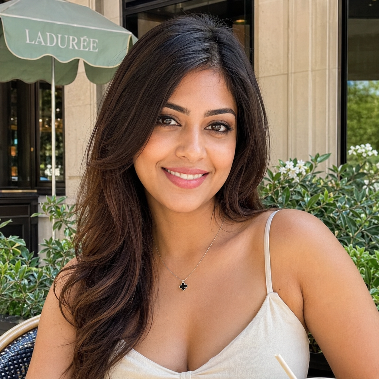Smiling woman seated at an outdoor café