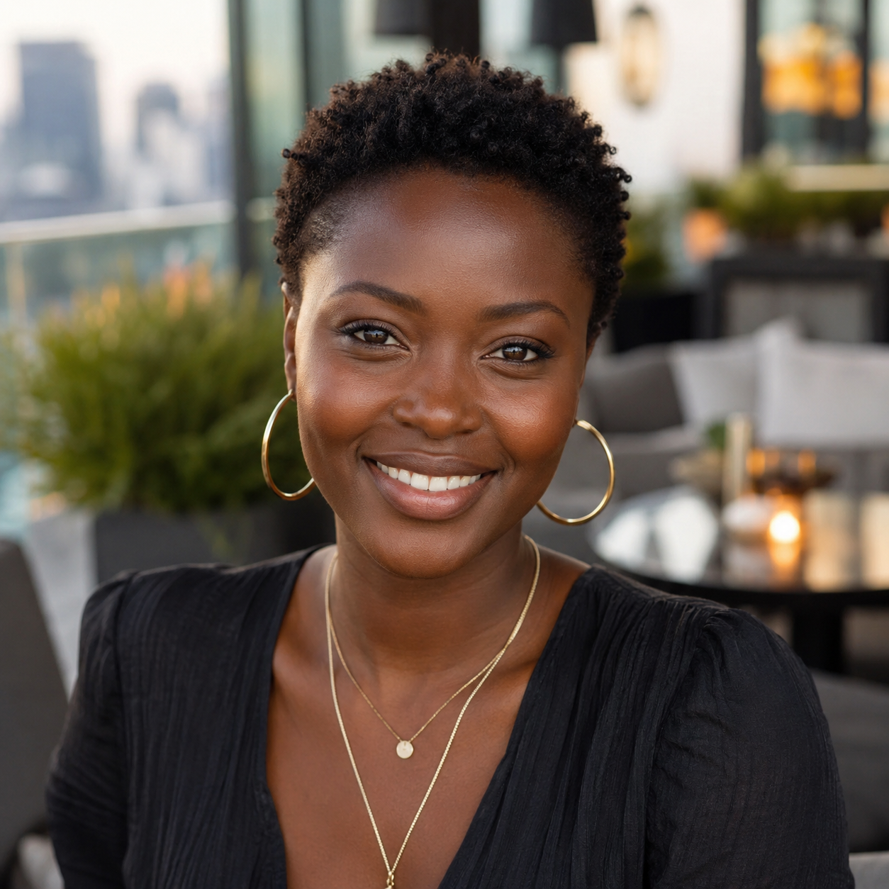 Smiling woman seated on a rooftop terrace